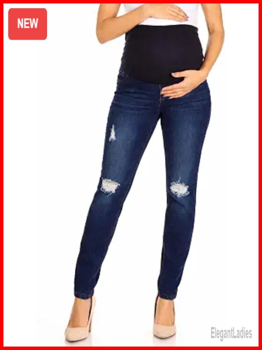Maternity Jeggings Full-Panel Pull-On Ripped Distressed Stretchy Skinny Denim